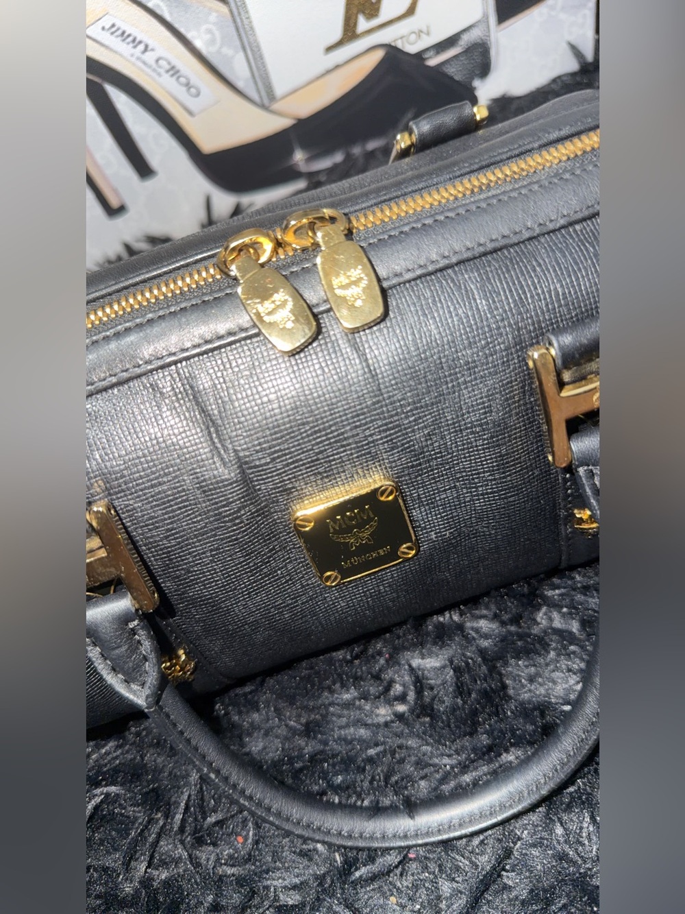 MCM  Papillon Black Leather Top-Handle Satchel with Gold Hardware - Picture 3 of 12